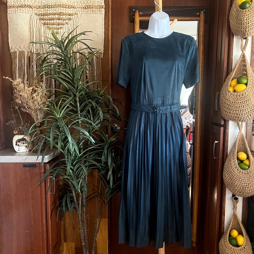 Ann Taylor Faux Suede Pleated Midi Dress 14P Teal Belted Wedding Guest NWT Party - Picture 6 of 13